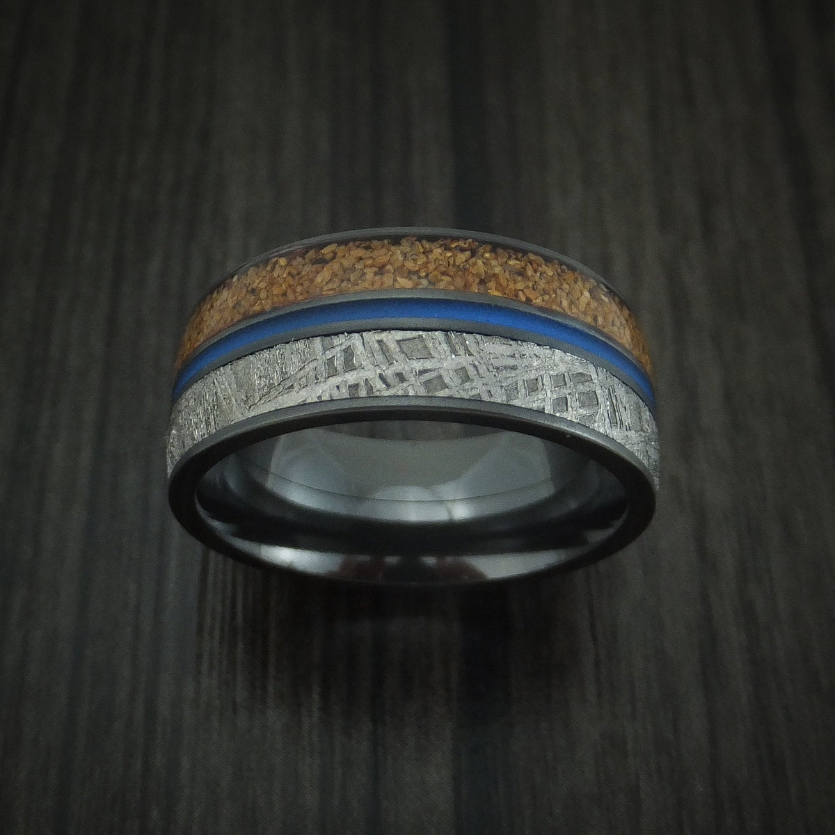 Dynasty XVI - Black Zirconium Tan Dinosaur Bone and Gibeon Meteorite Men's Wedding Ring with Cerakote Inlay Fossil Band - view 2 - Nura Lab