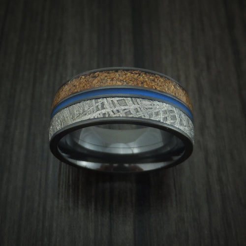 Dynasty XVI - Black Zirconium Tan Dinosaur Bone and Gibeon Meteorite Men's Wedding Ring with Cerakote Inlay Fossil Band - view 2 - Nura Lab