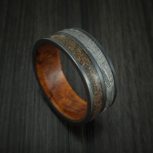 Valor XII - Black Zirconium Tan Dinosaur Bone and Gibeon Meteorite Men's Wedding Ring with Desert Ironwood Burl Wood Sleeve Fossil Band - Nura Lab