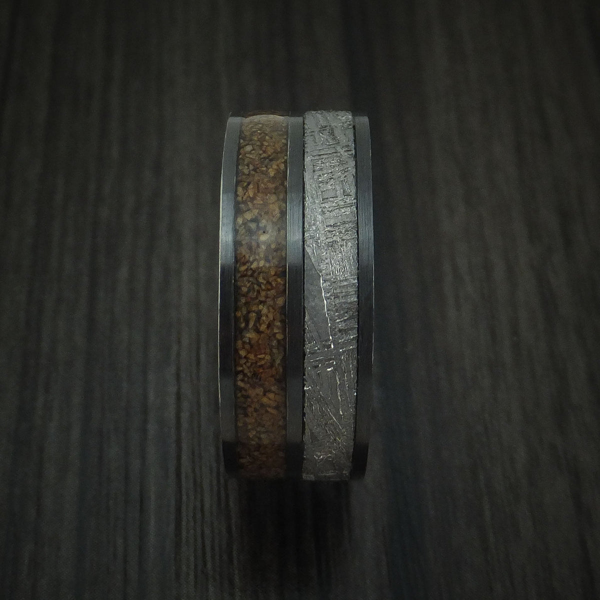 Valor XII - Black Zirconium Tan Dinosaur Bone and Gibeon Meteorite Men's Wedding Ring with Desert Ironwood Burl Wood Sleeve Fossil Band - view 3 - Nura Lab