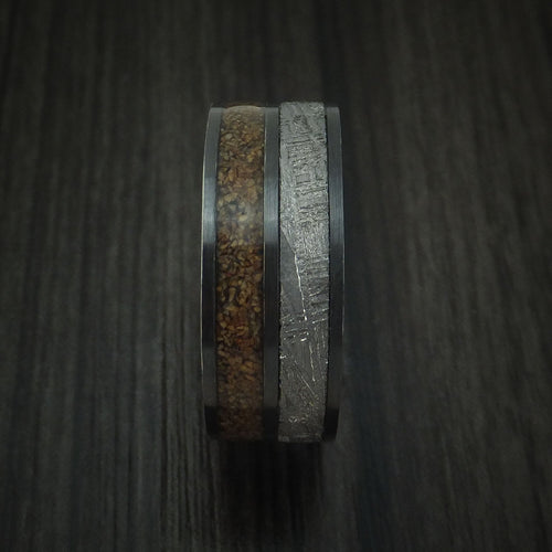 Valor XII - Black Zirconium Tan Dinosaur Bone and Gibeon Meteorite Men's Wedding Ring with Desert Ironwood Burl Wood Sleeve Fossil Band - view 3 - Nura Lab