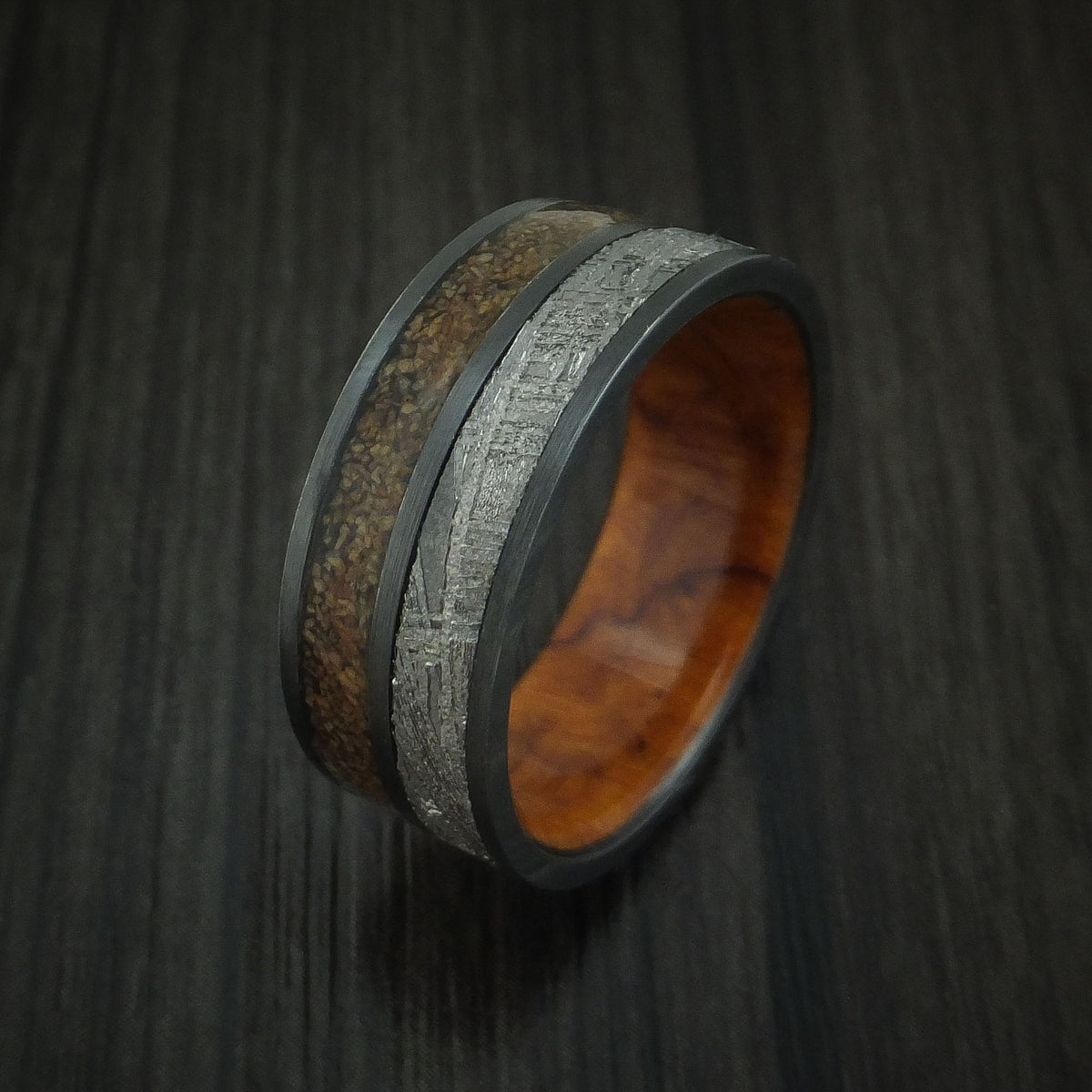 Valor XII - Black Zirconium Tan Dinosaur Bone and Gibeon Meteorite Men's Wedding Ring with Desert Ironwood Burl Wood Sleeve Fossil Band - view 4 - Nura Lab