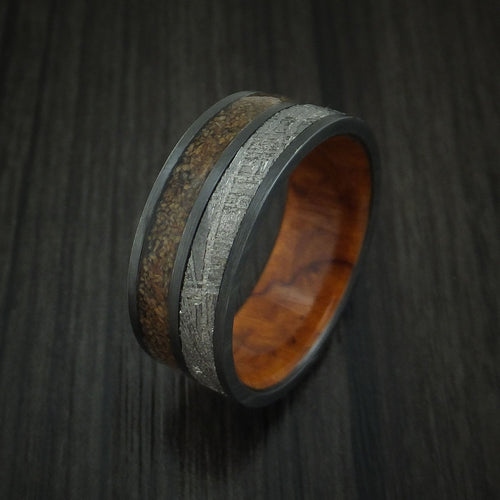 Valor XII - Black Zirconium Tan Dinosaur Bone and Gibeon Meteorite Men's Wedding Ring with Desert Ironwood Burl Wood Sleeve Fossil Band - view 4 - Nura Lab