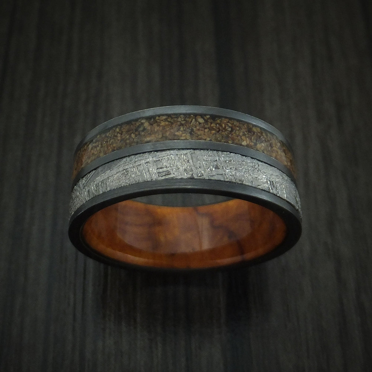 Valor XII - Black Zirconium Tan Dinosaur Bone and Gibeon Meteorite Men's Wedding Ring with Desert Ironwood Burl Wood Sleeve Fossil Band - view 2 - Nura Lab