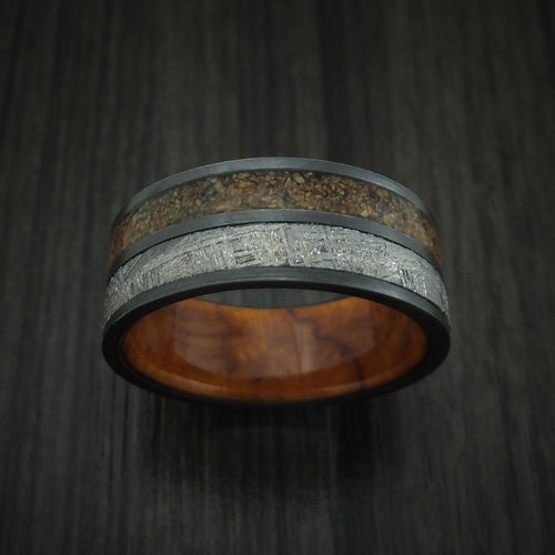 Valor XII - Black Zirconium Tan Dinosaur Bone and Gibeon Meteorite Men's Wedding Ring with Desert Ironwood Burl Wood Sleeve Fossil Band - view 2 - Nura Lab