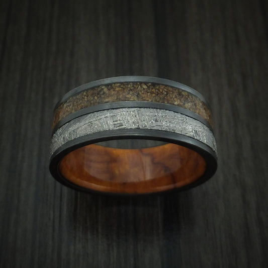 Valor XII - Black Zirconium Tan Dinosaur Bone and Gibeon Meteorite Men's Wedding Ring with Desert Ironwood Burl Wood Sleeve Fossil Band - view 2 - Nura Lab