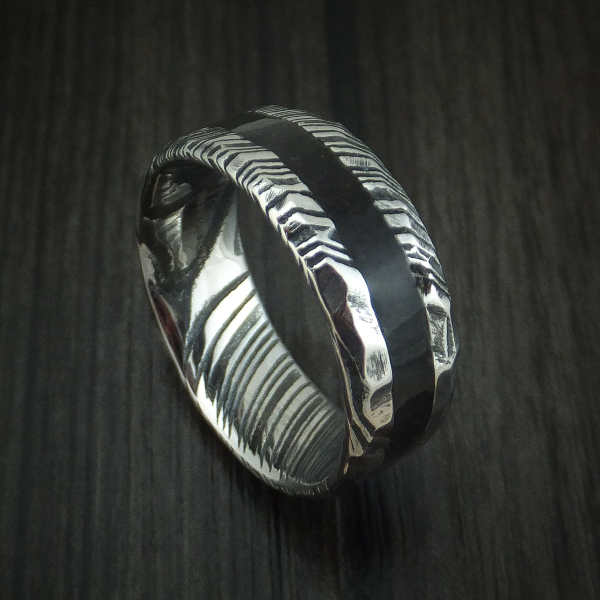 Flint X - Woodgrain Kuro Damascus Steel and Black Dinosaur Bone Rock Hammered Men's Wedding Ring Fossil Band - Nura Lab