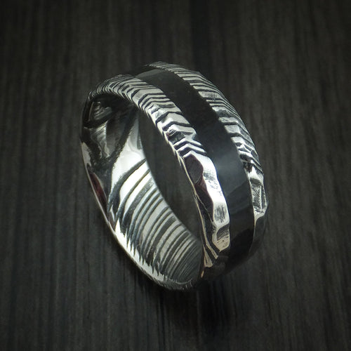 Flint X - Woodgrain Kuro Damascus Steel and Black Dinosaur Bone Rock Hammered Men's Wedding Ring Fossil Band - Nura Lab