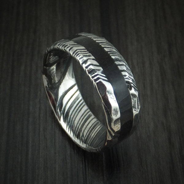 Flint X - Woodgrain Kuro Damascus Steel and Black Dinosaur Bone Rock Hammered Men's Wedding Ring Fossil Band