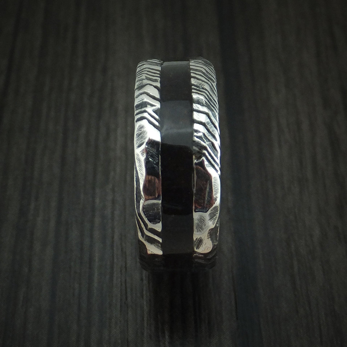 Flint X - Woodgrain Kuro Damascus Steel and Black Dinosaur Bone Rock Hammered Men's Wedding Ring Fossil Band - view 3 - Nura Lab