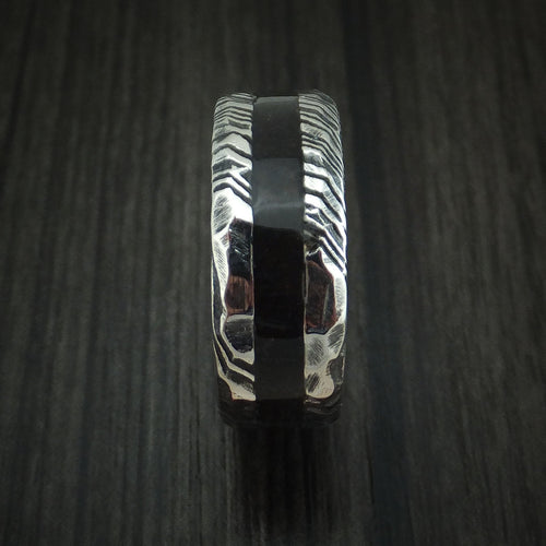 Flint X - Woodgrain Kuro Damascus Steel and Black Dinosaur Bone Rock Hammered Men's Wedding Ring Fossil Band - view 3 - Nura Lab