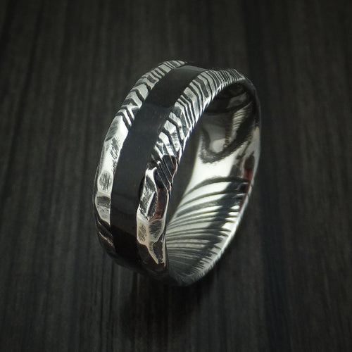 Flint X - Woodgrain Kuro Damascus Steel and Black Dinosaur Bone Rock Hammered Men's Wedding Ring Fossil Band - view 4 - Nura Lab