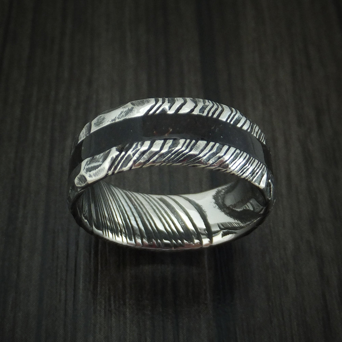 Flint X - Woodgrain Kuro Damascus Steel and Black Dinosaur Bone Rock Hammered Men's Wedding Ring Fossil Band - view 2 - Nura Lab