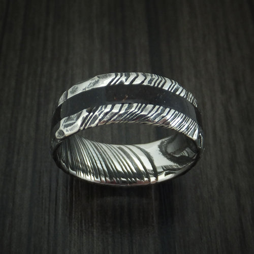 Flint X - Woodgrain Kuro Damascus Steel and Black Dinosaur Bone Rock Hammered Men's Wedding Ring Fossil Band - view 2 - Nura Lab