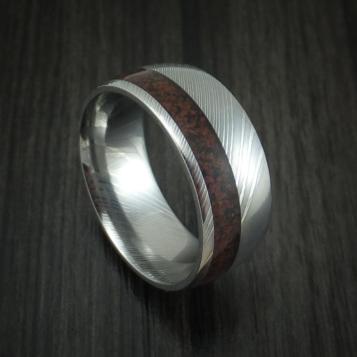 Highland XI - Damascus Steel and Red Dinosaur Bone Men's Wedding Ring Fossil Band - Nura Lab