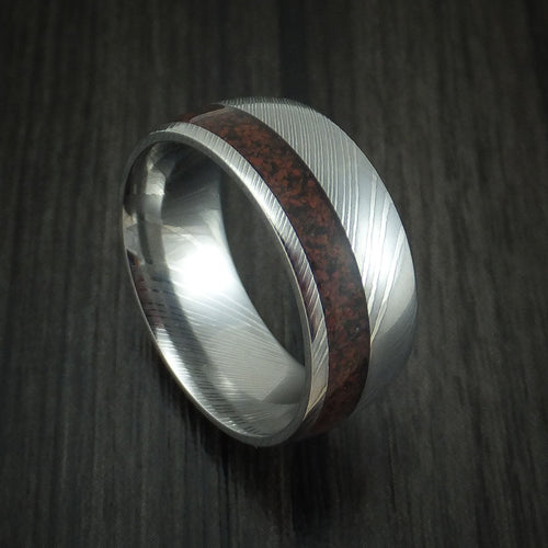 Highland XI - Damascus Steel and Red Dinosaur Bone Men's Wedding Ring Fossil Band - Nura Lab