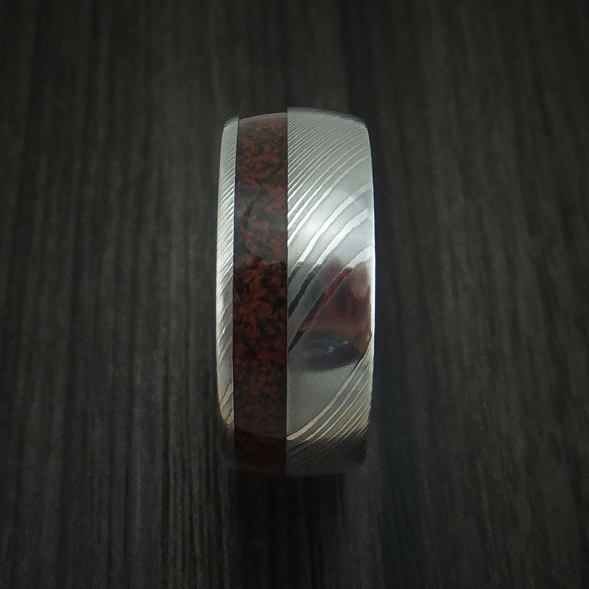 Highland XI - Damascus Steel and Red Dinosaur Bone Men's Wedding Ring Fossil Band - view 3 - Nura Lab