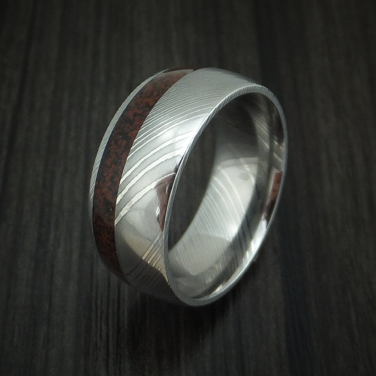 Highland XI - Damascus Steel and Red Dinosaur Bone Men's Wedding Ring Fossil Band - view 4 - Nura Lab