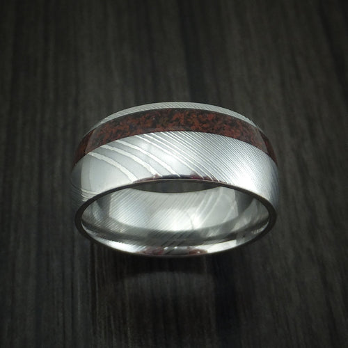 Highland XI - Damascus Steel and Red Dinosaur Bone Men's Wedding Ring Fossil Band - view 2 - Nura Lab