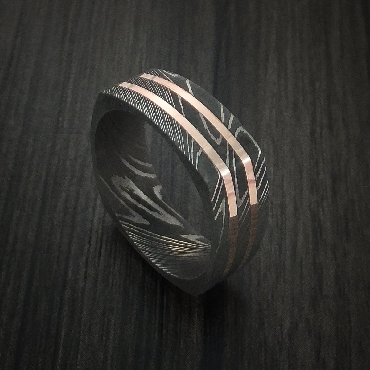 Redwood X - Squared Damascus Steel Men's Wedding Ring with 14k Rose Gold Inlays Band - Nura Lab