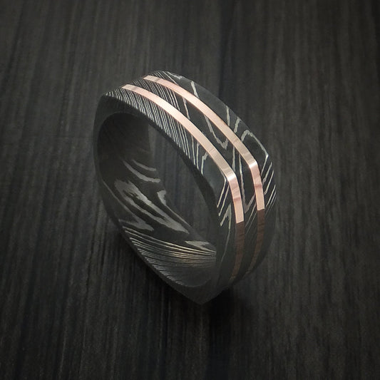 Redwood X - Squared Damascus Steel Men's Wedding Ring with 14k Rose Gold Inlays Band - Nura Lab