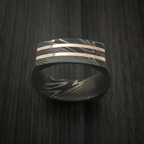 Redwood X - Squared Damascus Steel Men's Wedding Ring with 14k Rose Gold Inlays Band - view 2 - Nura Lab