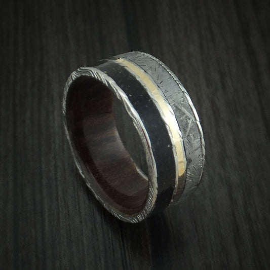 Southern Cross IX - Woodgrain Kuro Damascus Steel Black Dinosaur Bone and Gibeon Meteorite Men's Wedding Ring with Wood Sleeve and 14K Yellow Gold Inlay Fossil Band - Nura Lab