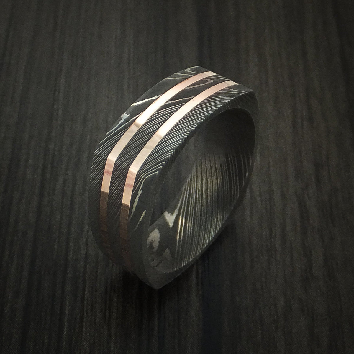 Redwood X - Squared Damascus Steel Men's Wedding Ring with 14k Rose Gold Inlays Band - view 4 - Nura Lab