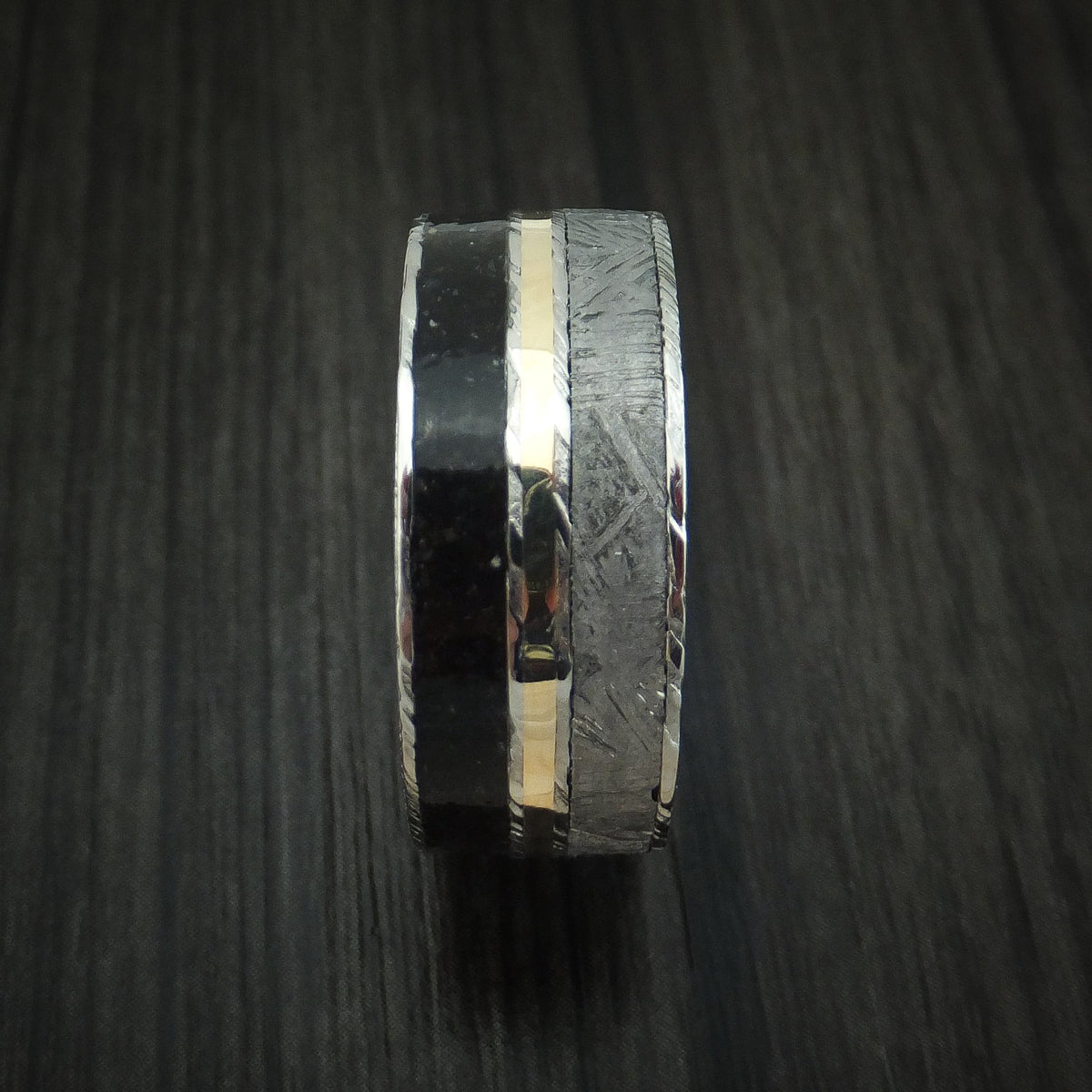 Southern Cross IX - Woodgrain Kuro Damascus Steel Black Dinosaur Bone and Gibeon Meteorite Men's Wedding Ring with Wood Sleeve and 14K Yellow Gold Inlay Fossil Band - view 3 - Nura Lab