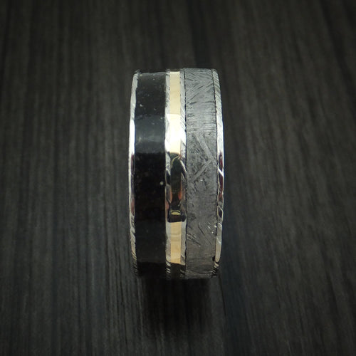Southern Cross IX - Woodgrain Kuro Damascus Steel Black Dinosaur Bone and Gibeon Meteorite Men's Wedding Ring with Wood Sleeve and 14K Yellow Gold Inlay Fossil Band - view 3 - Nura Lab