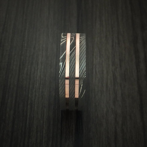 Redwood X - Squared Damascus Steel Men's Wedding Ring with 14k Rose Gold Inlays Band - view 3 - Nura Lab