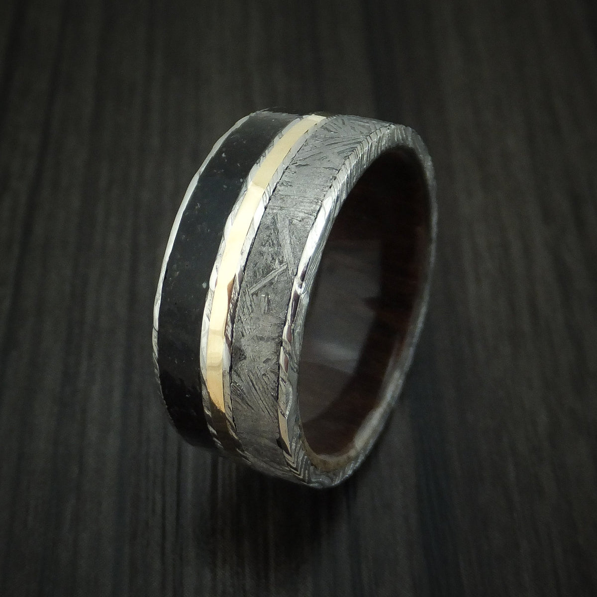 Southern Cross IX - Woodgrain Kuro Damascus Steel Black Dinosaur Bone and Gibeon Meteorite Men's Wedding Ring with Wood Sleeve and 14K Yellow Gold Inlay Fossil Band - view 4 - Nura Lab
