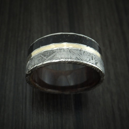 Southern Cross IX - Woodgrain Kuro Damascus Steel Black Dinosaur Bone and Gibeon Meteorite Men's Wedding Ring with Wood Sleeve and 14K Yellow Gold Inlay Fossil Band - view 2 - Nura Lab