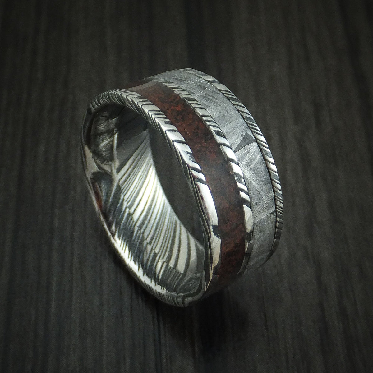 Blackstone XI - Woodgrain Kuro Damascus Steel Red Dinosaur Bone and Gibeon Meteorite Men's Wedding Ring Fossil Band - Nura Lab