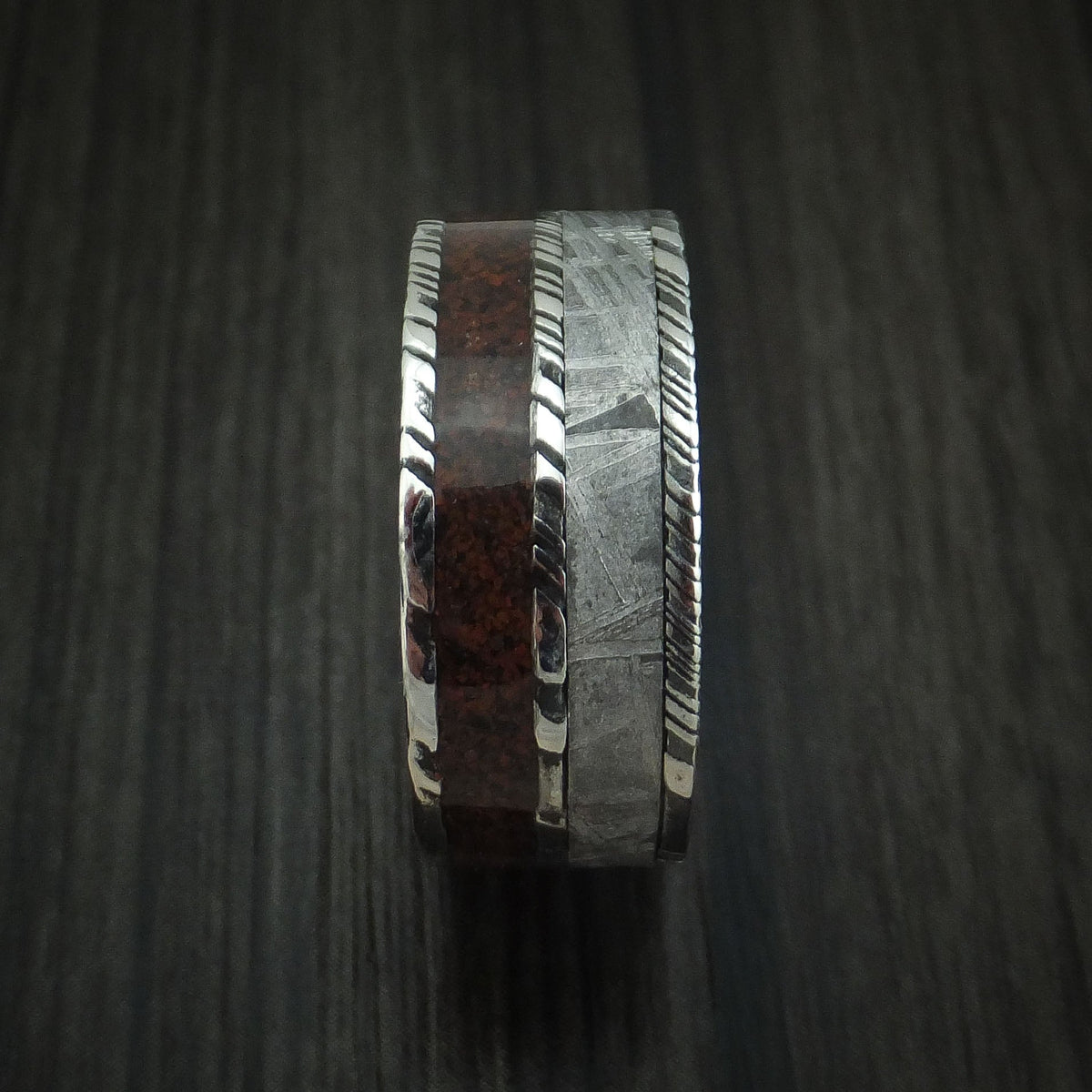 Blackstone XI - Woodgrain Kuro Damascus Steel Red Dinosaur Bone and Gibeon Meteorite Men's Wedding Ring Fossil Band - view 3 - Nura Lab