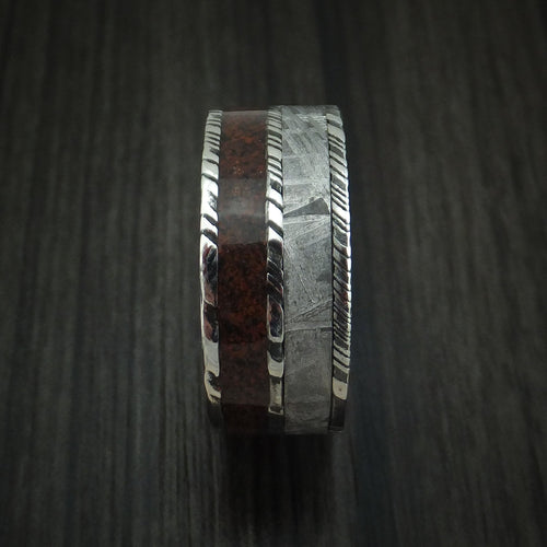 Blackstone XI - Woodgrain Kuro Damascus Steel Red Dinosaur Bone and Gibeon Meteorite Men's Wedding Ring Fossil Band - view 3 - Nura Lab