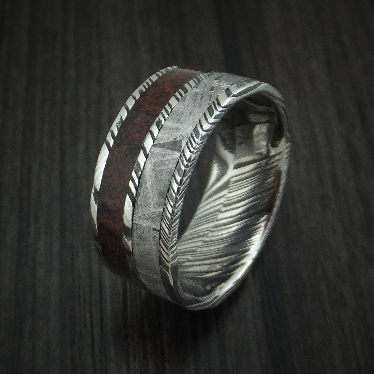 Blackstone XI - Woodgrain Kuro Damascus Steel Red Dinosaur Bone and Gibeon Meteorite Men's Wedding Ring Fossil Band - view 4 - Nura Lab