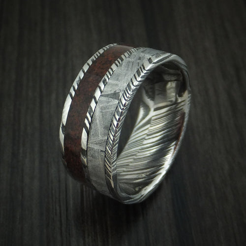 Blackstone XI - Woodgrain Kuro Damascus Steel Red Dinosaur Bone and Gibeon Meteorite Men's Wedding Ring Fossil Band - view 4 - Nura Lab