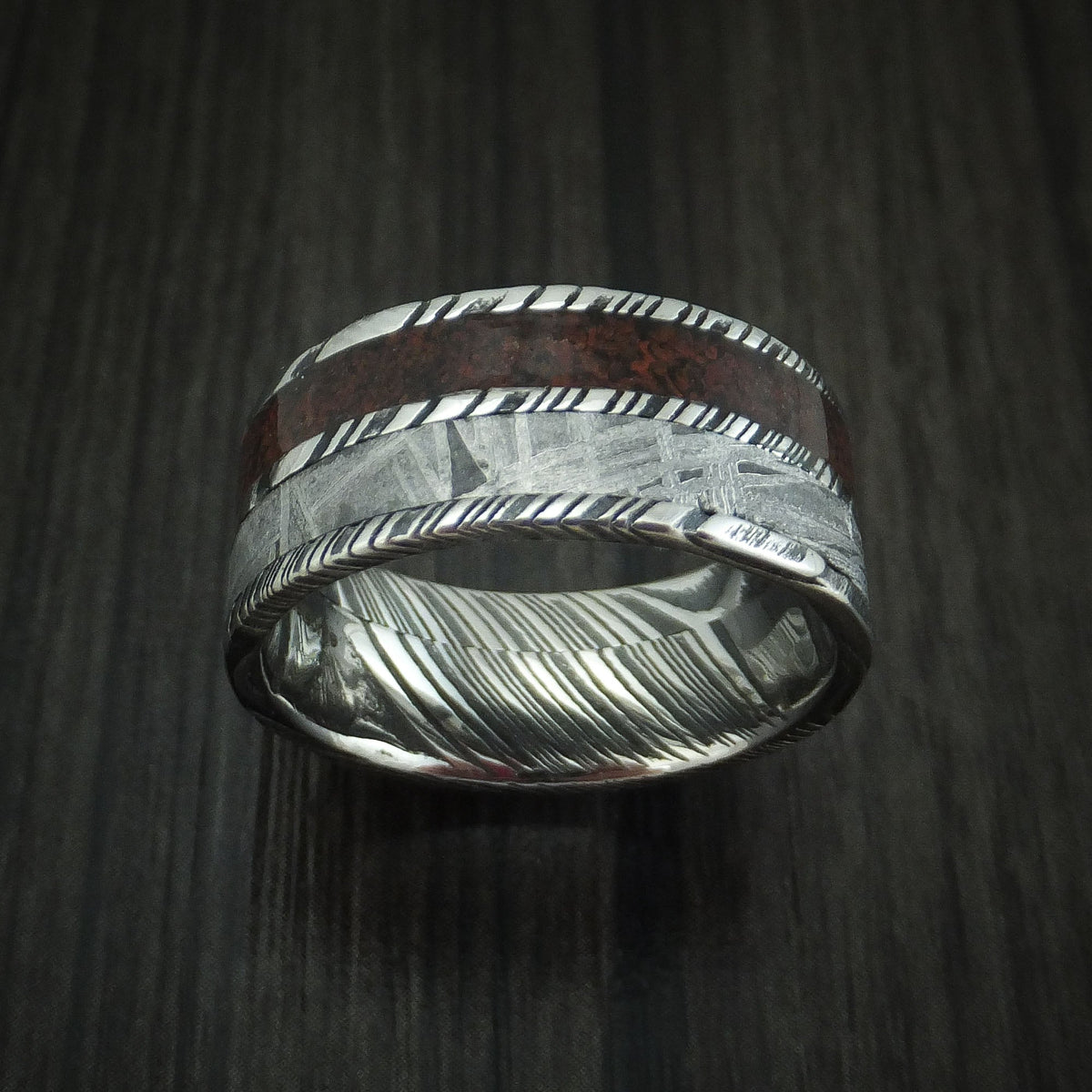 Blackstone XI - Woodgrain Kuro Damascus Steel Red Dinosaur Bone and Gibeon Meteorite Men's Wedding Ring Fossil Band - view 2 - Nura Lab