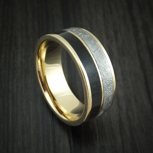 Tasman XVI - 14K Yellow Gold Black Dinosaur Bone and Gibeon Meteorite Men's Wedding Ring Fossil Band - Nura Lab