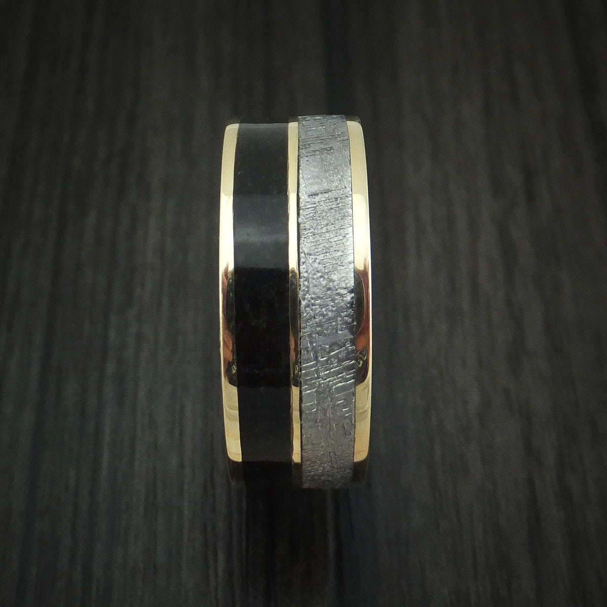 Tasman XVI - 14K Yellow Gold Black Dinosaur Bone and Gibeon Meteorite Men's Wedding Ring Fossil Band - view 3 - Nura Lab