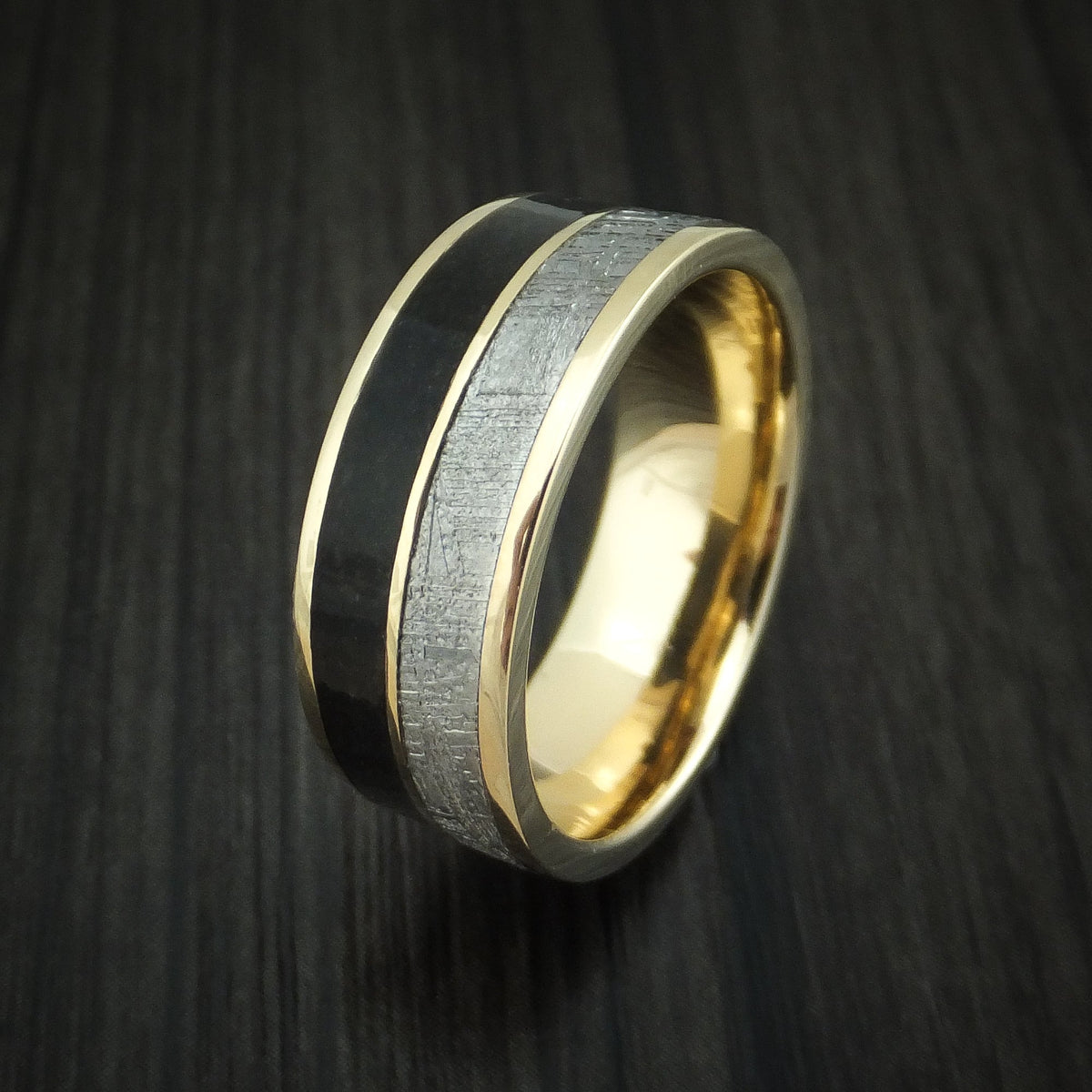Tasman XVI - 14K Yellow Gold Black Dinosaur Bone and Gibeon Meteorite Men's Wedding Ring Fossil Band - view 4 - Nura Lab
