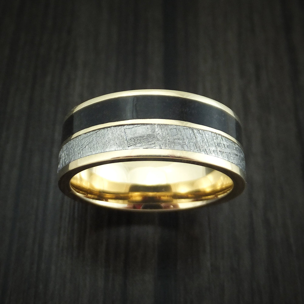 Tasman XVI - 14K Yellow Gold Black Dinosaur Bone and Gibeon Meteorite Men's Wedding Ring Fossil Band - view 2 - Nura Lab