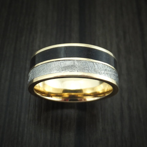 Tasman XVI - 14K Yellow Gold Black Dinosaur Bone and Gibeon Meteorite Men's Wedding Ring Fossil Band - view 2 - Nura Lab
