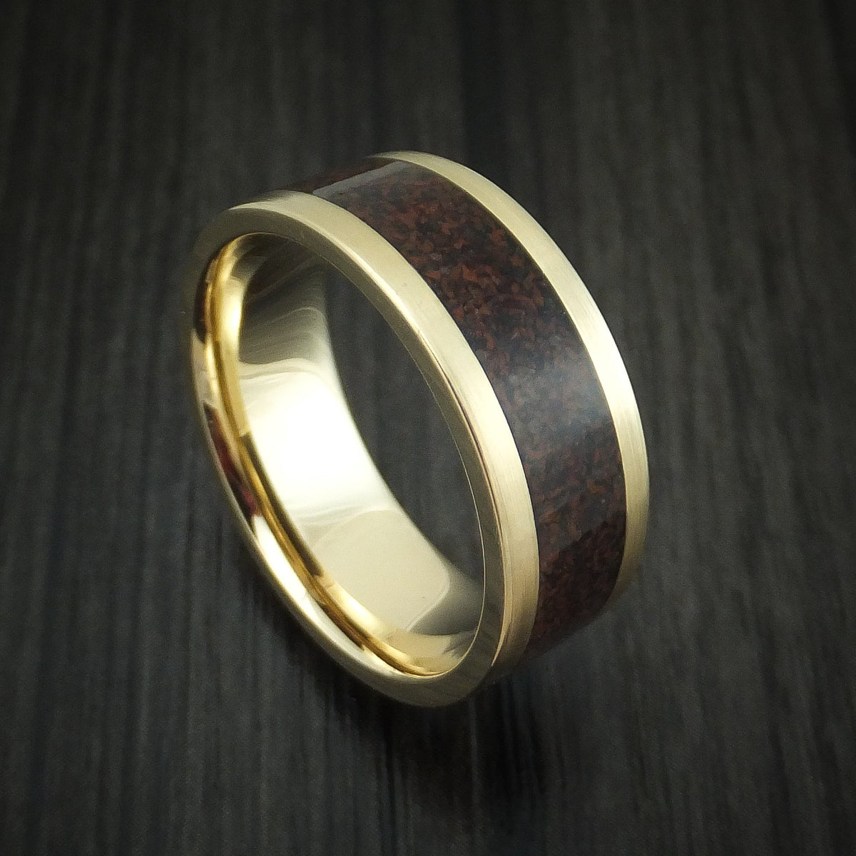 Navigator XVI - Yellow Gold and Red Dinosaur Bone Men's Wedding Ring Fossil Band - Nura Lab