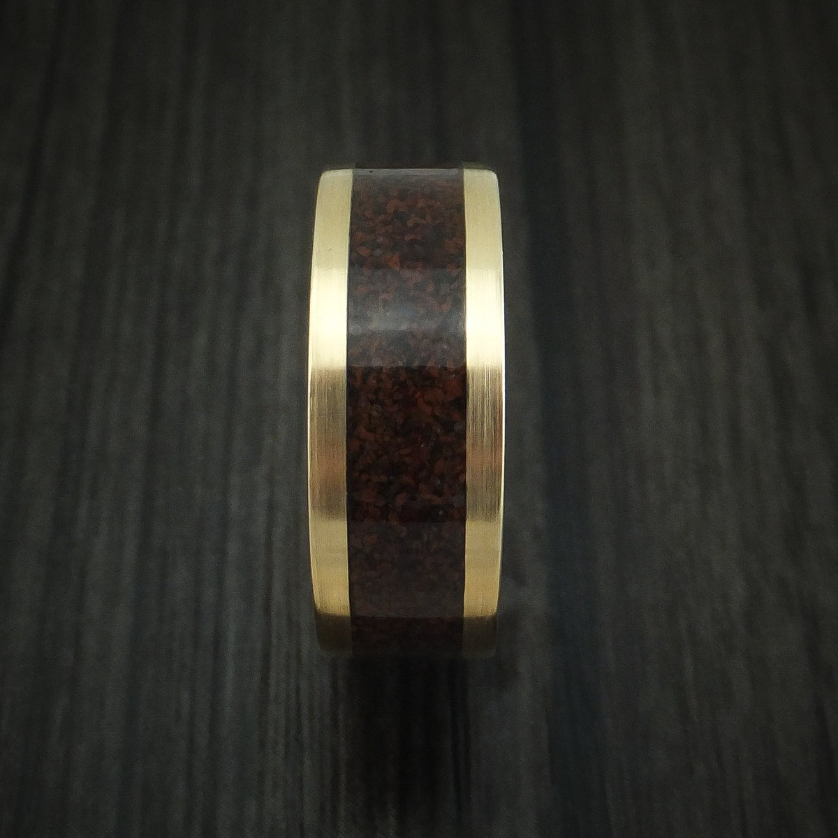 Navigator XVI - Yellow Gold and Red Dinosaur Bone Men's Wedding Ring Fossil Band - view 3 - Nura Lab
