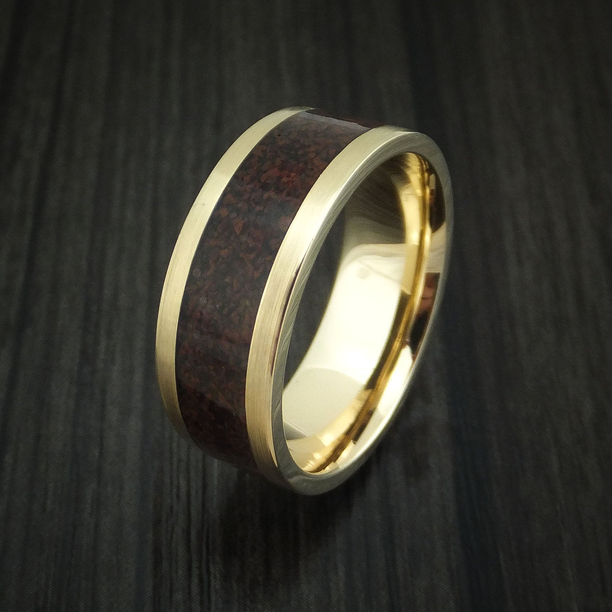Navigator XVI - Yellow Gold and Red Dinosaur Bone Men's Wedding Ring Fossil Band - view 4 - Nura Lab