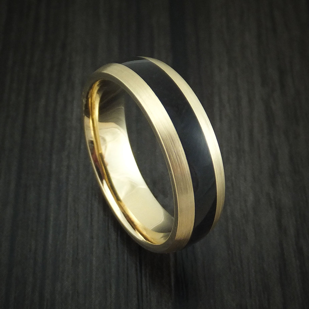 Captain XVI - Yellow Gold and Black Dinosaur Bone Men's Wedding Ring Fossil Band - Nura Lab