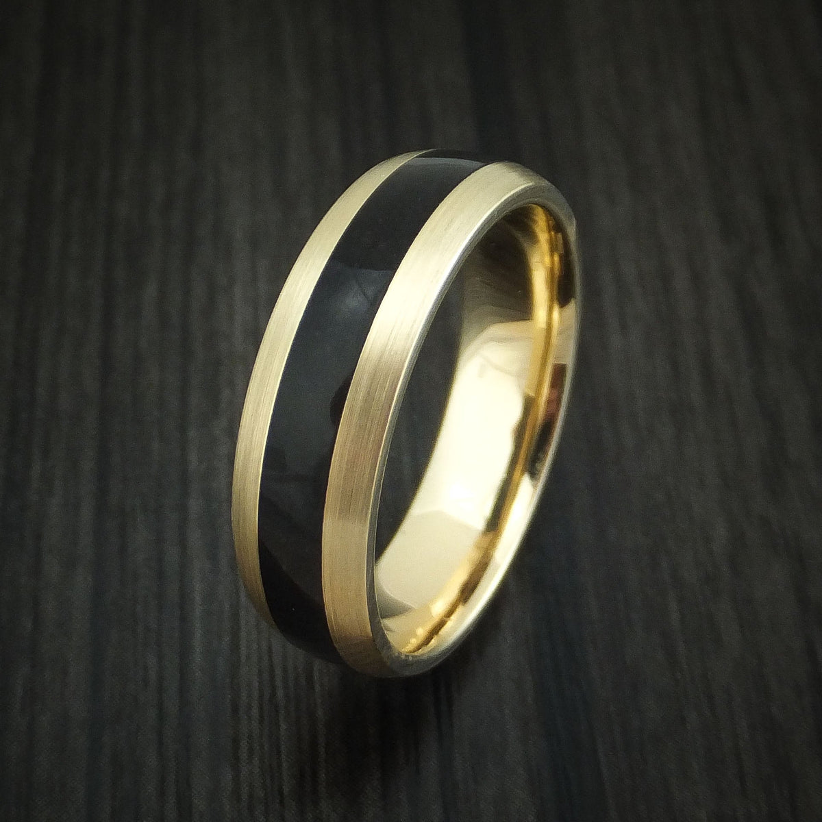 Captain XVI - Yellow Gold and Black Dinosaur Bone Men's Wedding Ring Fossil Band - view 4 - Nura Lab