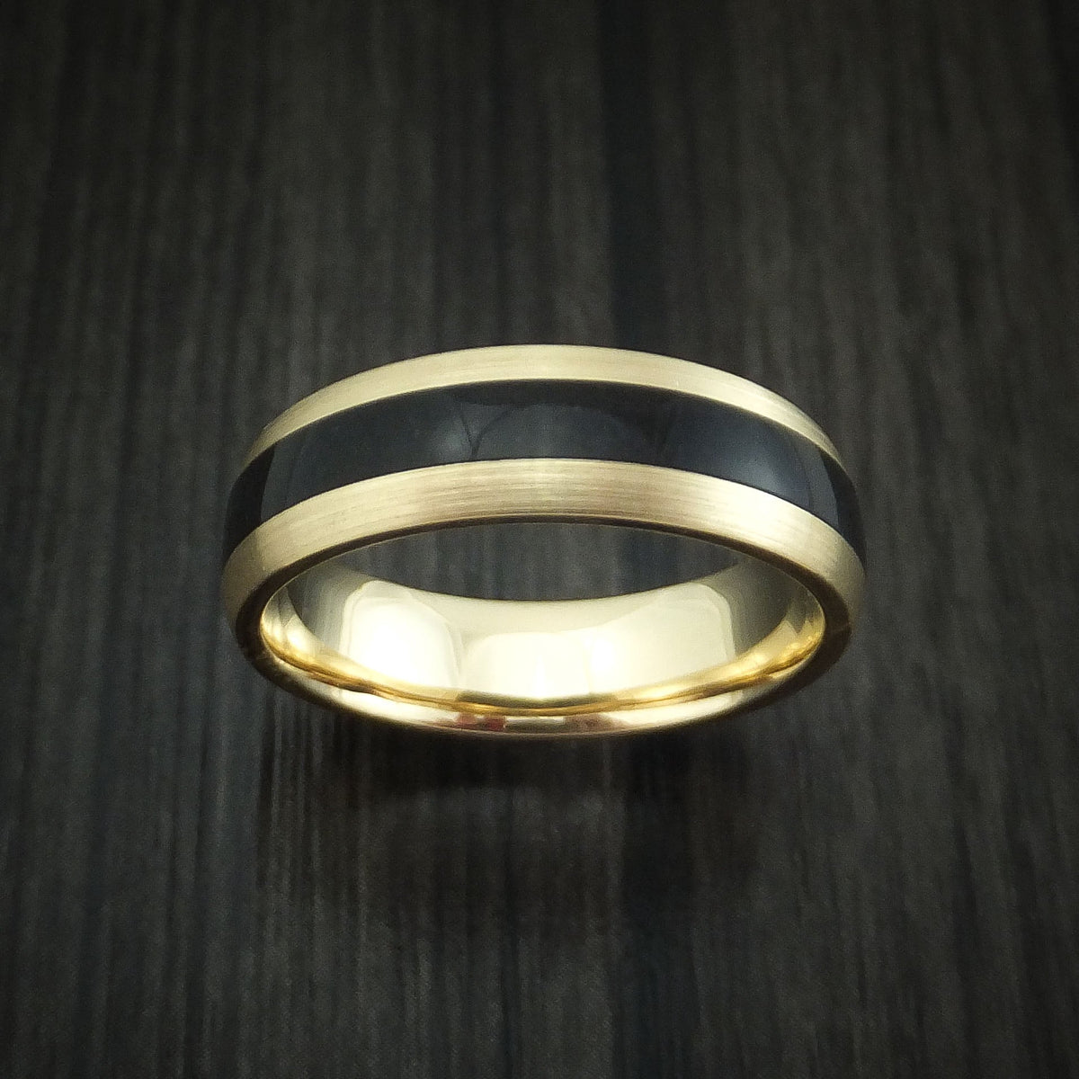 Captain XVI - Yellow Gold and Black Dinosaur Bone Men's Wedding Ring Fossil Band - view 2 - Nura Lab
